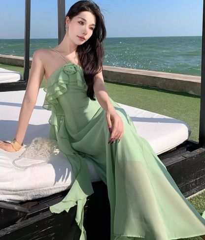 Dreamy Green Ruffles Trimmed Flowy Maxi Dress Tulle Overlay Backless Floral Design Long Dress AP1239