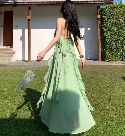 Dreamy Green Ruffles Trimmed Flowy Maxi Dress Tulle Overlay Backless Floral Design Long Dress AP1239