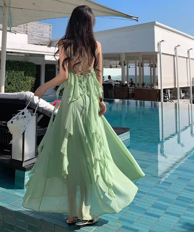 Dreamy Green Ruffles Trimmed Flowy Maxi Dress Tulle Overlay Backless Floral Design Long Dress AP1239