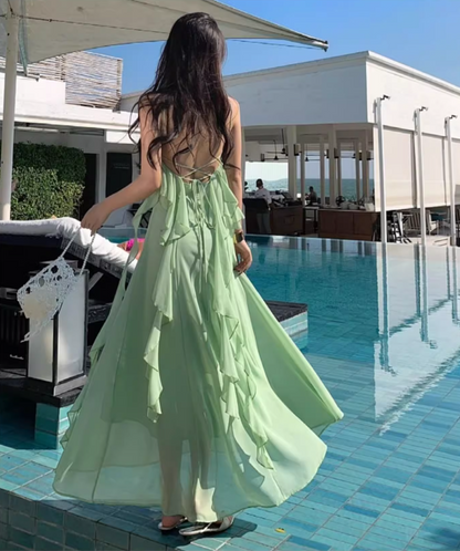 Dreamy Green Ruffles Trimmed Flowy Maxi Dress Tulle Overlay Backless Floral Design Long Dress AP1239
