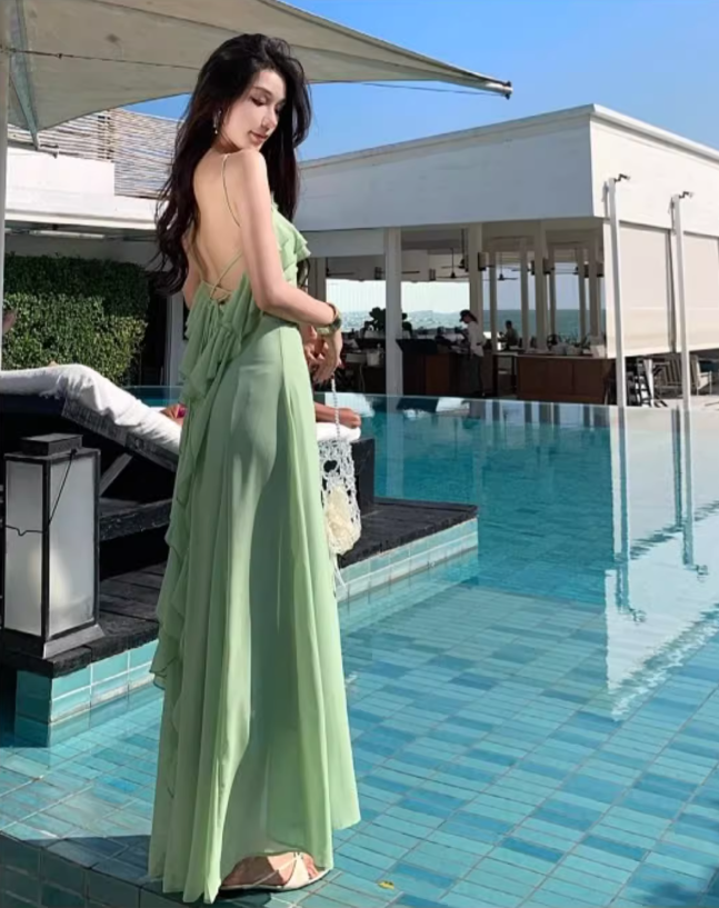 Dreamy Green Ruffles Trimmed Flowy Maxi Dress Tulle Overlay Backless Floral Design Long Dress AP1239