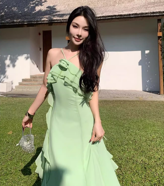 Dreamy Green Ruffles Trimmed Flowy Maxi Dress Tulle Overlay Backless Floral Design Long Dress AP1239