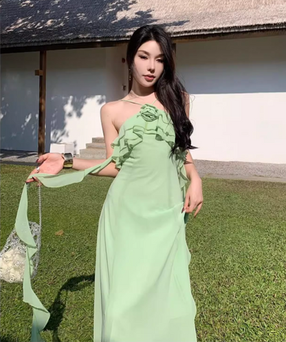 Dreamy Green Ruffles Trimmed Flowy Maxi Dress Tulle Overlay Backless Floral Design Long Dress AP1239