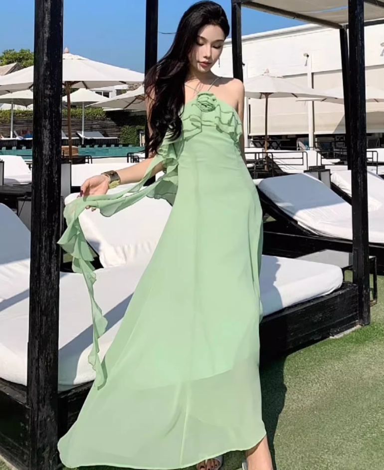 Dreamy Green Ruffles Trimmed Flowy Maxi Dress Tulle Overlay Backless Floral Design Long Dress AP1239