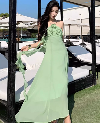Dreamy Green Ruffles Trimmed Flowy Maxi Dress Tulle Overlay Backless Floral Design Long Dress AP1239