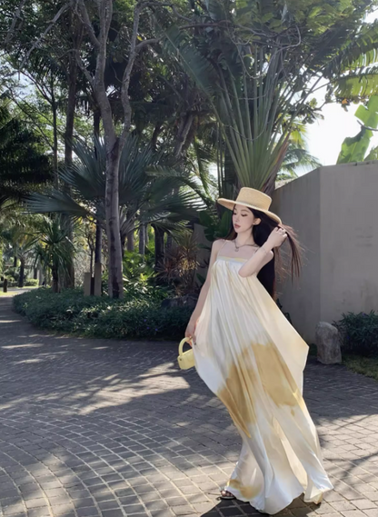 Simple Style Loose Style White & Yellow Maxi Dress Flowy Minimalist Slit Long Dress AP1240