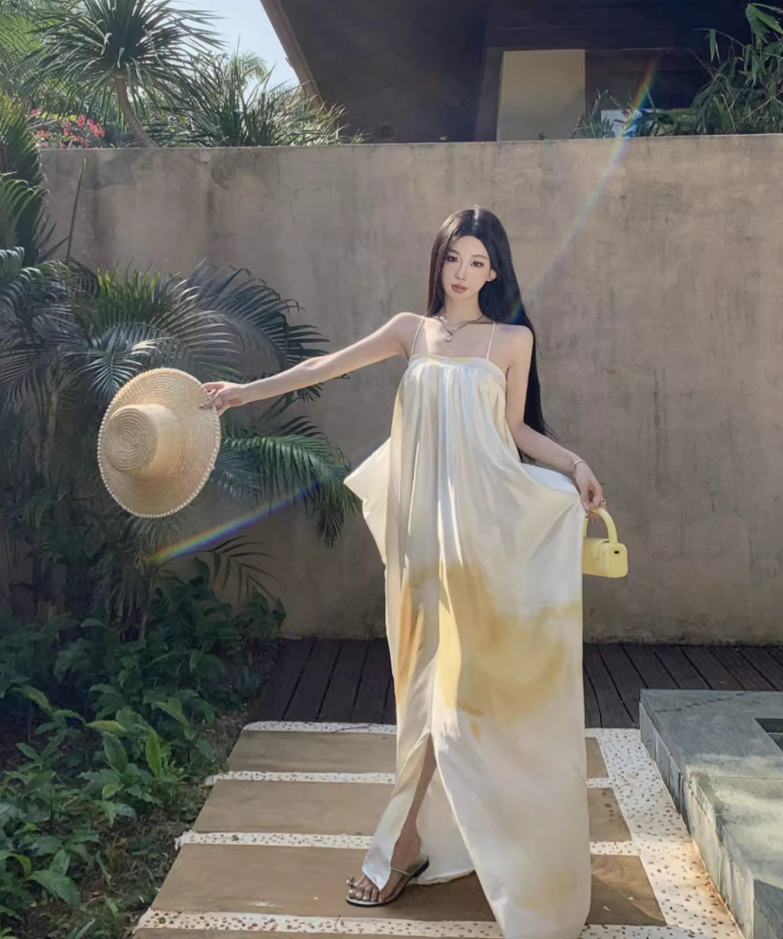 Simple Style Loose Style White & Yellow Maxi Dress Flowy Minimalist Slit Long Dress AP1240