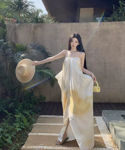 Simple Style Loose Style White & Yellow Maxi Dress Flowy Minimalist Slit Long Dress AP1240