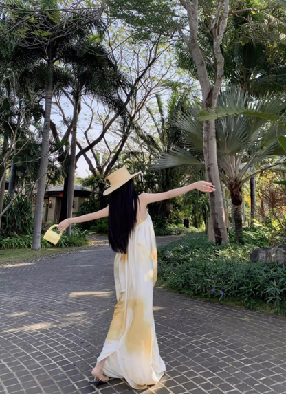 Simple Style Loose Style White & Yellow Maxi Dress Flowy Minimalist Slit Long Dress AP1240