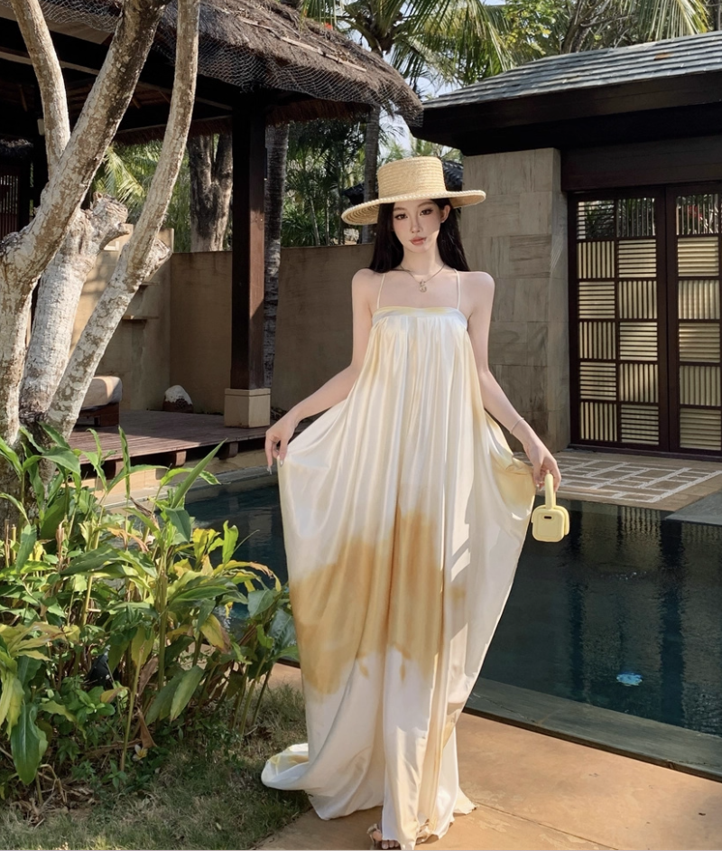 Simple Style Loose Style White & Yellow Maxi Dress Flowy Minimalist Slit Long Dress AP1240