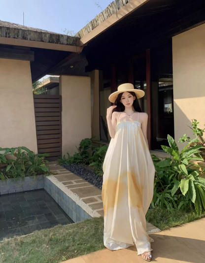 Simple Style Loose Style White & Yellow Maxi Dress Flowy Minimalist Slit Long Dress AP1240