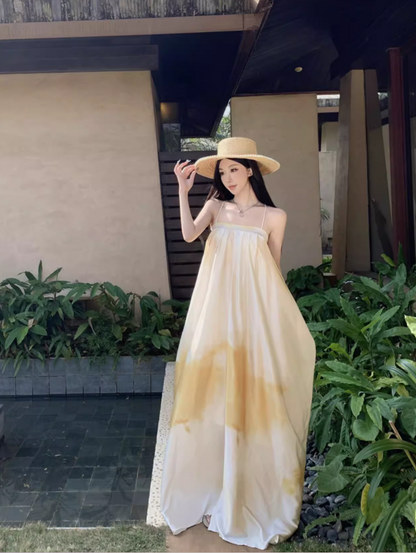 Simple Style Loose Style White & Yellow Maxi Dress Flowy Minimalist Slit Long Dress AP1240