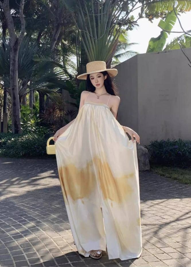 Simple Style Loose Style White & Yellow Maxi Dress Flowy Minimalist Slit Long Dress AP1240