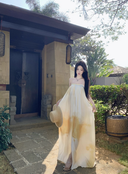 Simple Style Loose Style White & Yellow Maxi Dress Flowy Minimalist Slit Long Dress AP1240