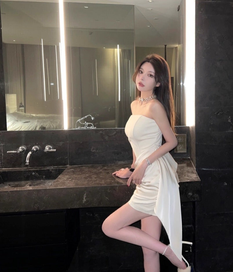 Classical Soft Fabric Ivory Party Mini Skirt Chic Strapless Draped Bodycon Short Dress AP1241