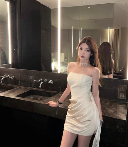 Classical Soft Fabric Ivory Party Mini Skirt Chic Strapless Draped Bodycon Short Dress AP1241