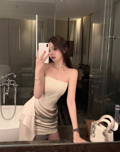Classical Soft Fabric Ivory Party Mini Skirt Chic Strapless Draped Bodycon Short Dress AP1241