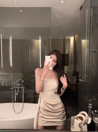 Classical Soft Fabric Ivory Party Mini Skirt Chic Strapless Draped Bodycon Short Dress AP1241