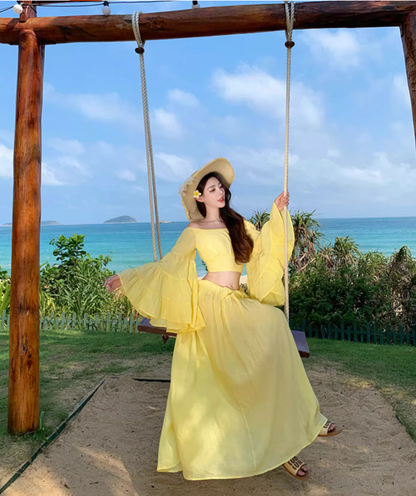 Vibrant Two-Piece Set Yellow Off-Shoulder Maxi Dress Elegant Soft Fabric Bell-Sleeve Long Dress AP1242