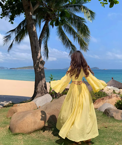 Vibrant Two-Piece Set Yellow Off-Shoulder Maxi Dress Elegant Soft Fabric Bell-Sleeve Long Dress AP1242