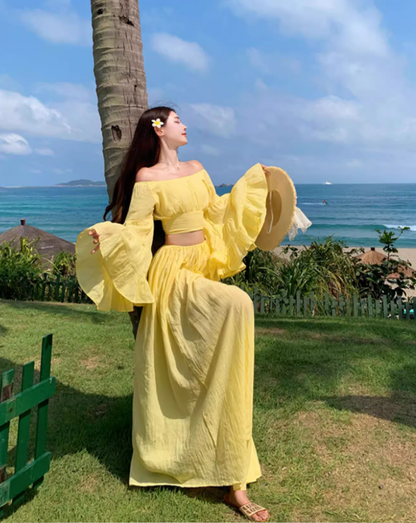 Vibrant Two-Piece Set Yellow Off-Shoulder Maxi Dress Elegant Soft Fabric Bell-Sleeve Long Dress AP1242