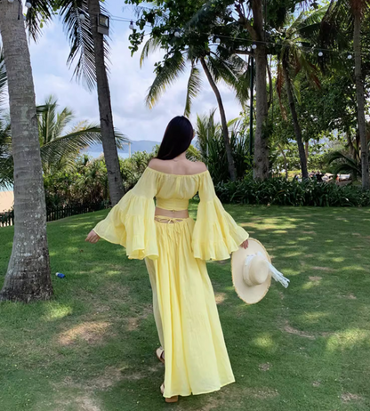 Vibrant Two-Piece Set Yellow Off-Shoulder Maxi Dress Elegant Soft Fabric Bell-Sleeve Long Dress AP1242