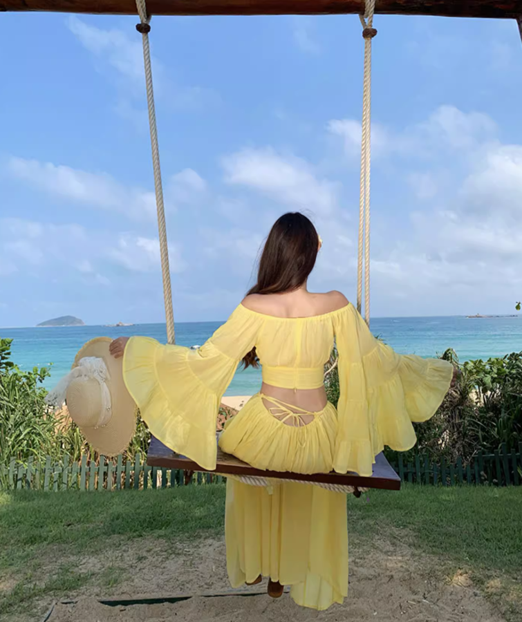 Vibrant Two-Piece Set Yellow Off-Shoulder Maxi Dress Elegant Soft Fabric Bell-Sleeve Long Dress AP1242