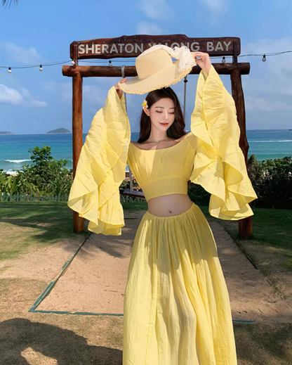 Vibrant Two-Piece Set Yellow Off-Shoulder Maxi Dress Elegant Soft Fabric Bell-Sleeve Long Dress AP1242