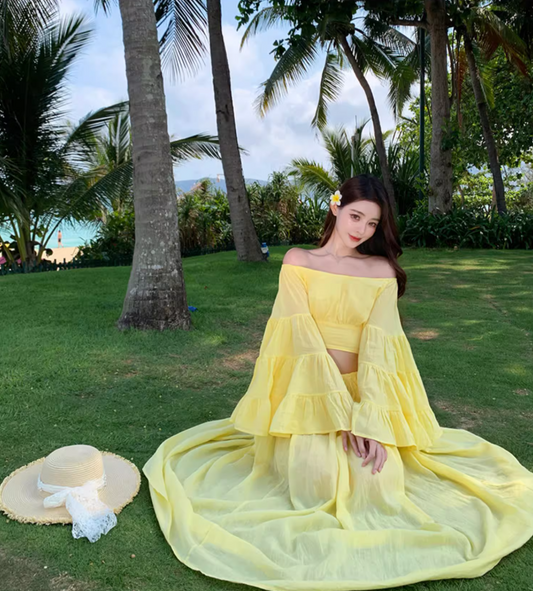 Vibrant Two-Piece Set Yellow Off-Shoulder Maxi Dress Elegant Soft Fabric Bell-Sleeve Long Dress AP1242