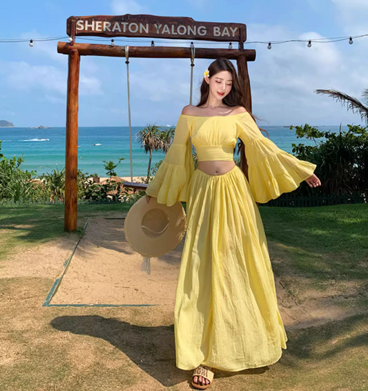 Vibrant Two-Piece Set Yellow Off-Shoulder Maxi Dress Elegant Soft Fabric Bell-Sleeve Long Dress AP1242