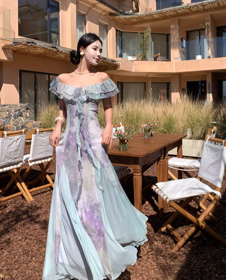 Charming Tulle Splicing Floral-Print Maxi Dress Niche Ruffles Hem Off-Shoulder Long Dress AP1243