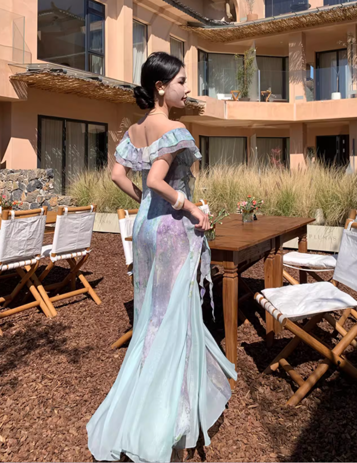 Charming Tulle Splicing Floral-Print Maxi Dress Niche Ruffles Hem Off-Shoulder Long Dress AP1243