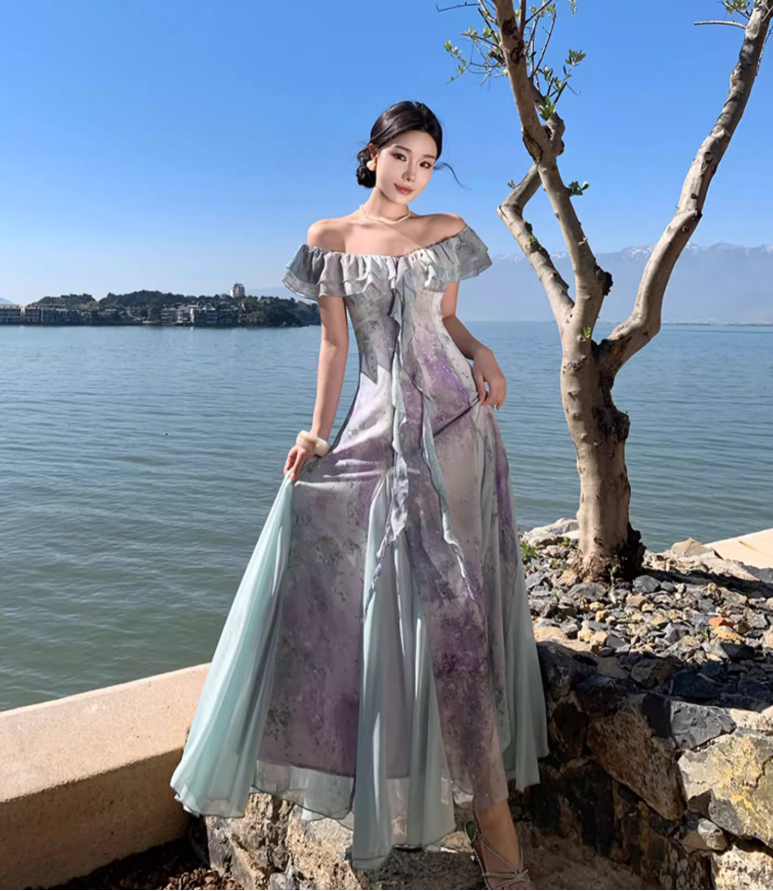 Charming Tulle Splicing Floral-Print Maxi Dress Niche Ruffles Hem Off-Shoulder Long Dress AP1243