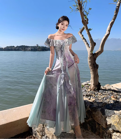 Charming Tulle Splicing Floral-Print Maxi Dress Niche Ruffles Hem Off-Shoulder Long Dress AP1243