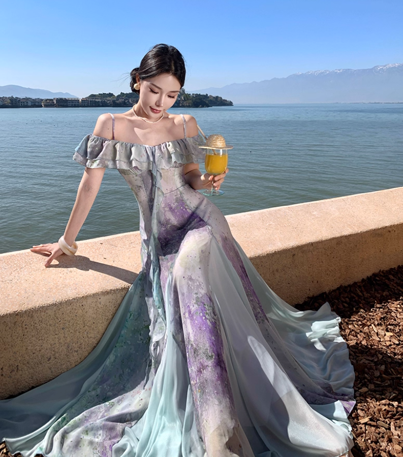 Charming Tulle Splicing Floral-Print Maxi Dress Niche Ruffles Hem Off-Shoulder Long Dress AP1243