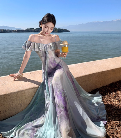 Charming Tulle Splicing Floral-Print Maxi Dress Niche Ruffles Hem Off-Shoulder Long Dress AP1243