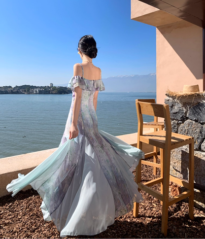 Charming Tulle Splicing Floral-Print Maxi Dress Niche Ruffles Hem Off-Shoulder Long Dress AP1243