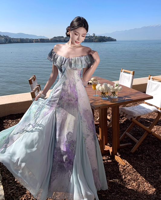 Charming Tulle Splicing Floral-Print Maxi Dress Niche Ruffles Hem Off-Shoulder Long Dress AP1243