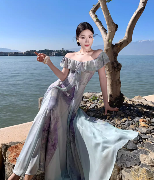 Charming Tulle Splicing Floral-Print Maxi Dress Niche Ruffles Hem Off-Shoulder Long Dress AP1243