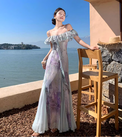 Charming Tulle Splicing Floral-Print Maxi Dress Niche Ruffles Hem Off-Shoulder Long Dress AP1243