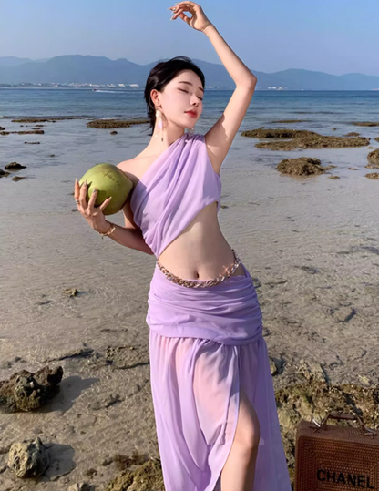 Novelty Tulle Splicing Open-Waist Maxi Dress One Shoulder Waist Chain Design Flowy Long Dress AP1244