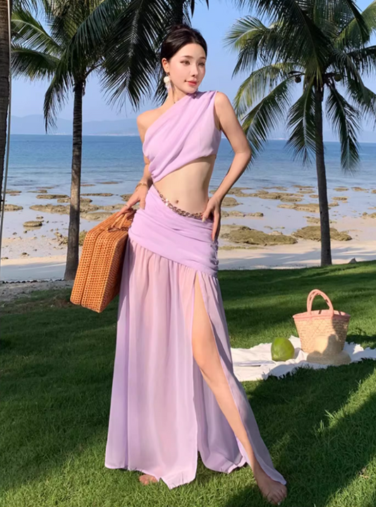 Novelty Tulle Splicing Open-Waist Maxi Dress One Shoulder Waist Chain Design Flowy Long Dress AP1244