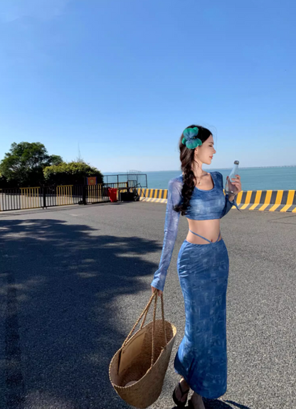 Fashionable Two-Piece Set Crop Top Maxi Dress Boho Style Sheer Long-Sleeve Sheath Long Dress AP1245