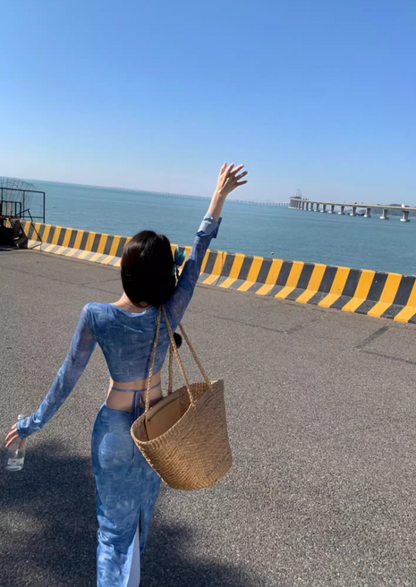 Fashionable Two-Piece Set Crop Top Maxi Dress Boho Style Sheer Long-Sleeve Sheath Long Dress AP1245