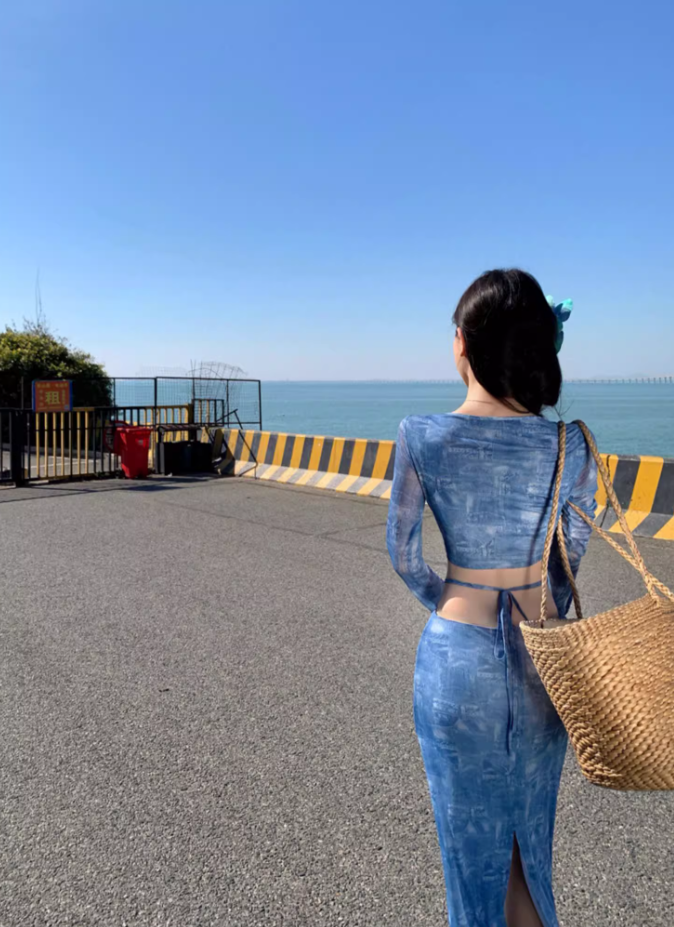 Fashionable Two-Piece Set Crop Top Maxi Dress Boho Style Sheer Long-Sleeve Sheath Long Dress AP1245