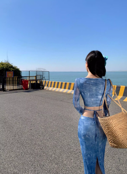 Fashionable Two-Piece Set Crop Top Maxi Dress Boho Style Sheer Long-Sleeve Sheath Long Dress AP1245