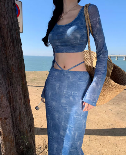 Fashionable Two-Piece Set Crop Top Maxi Dress Boho Style Sheer Long-Sleeve Sheath Long Dress AP1245