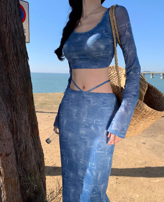 Fashionable Two-Piece Set Crop Top Maxi Dress Boho Style Sheer Long-Sleeve Sheath Long Dress AP1245