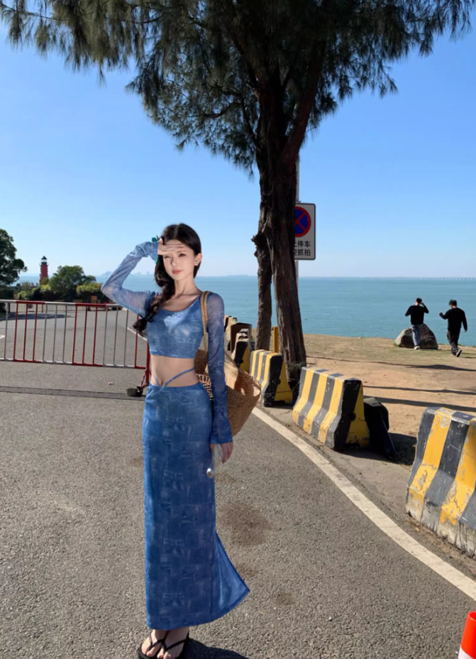 Fashionable Two-Piece Set Crop Top Maxi Dress Boho Style Sheer Long-Sleeve Sheath Long Dress AP1245