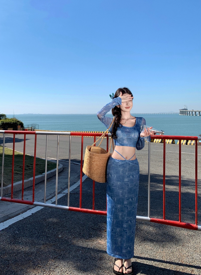 Fashionable Two-Piece Set Crop Top Maxi Dress Boho Style Sheer Long-Sleeve Sheath Long Dress AP1245